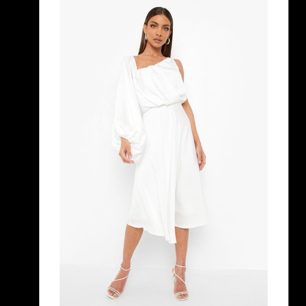 Boohoo Satin Balloon Sleeve Maxi One Shoulder in White
